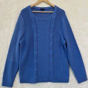 Talbots Womens Sweater XL Blue Cable Knit Pullover Cotton Blend